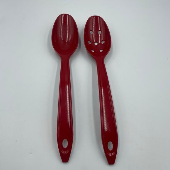 2 Vintage Hutzler Red Melamine Serving & Slotted Spoon #700 #1700 Made in USA - Picture 1 of 5